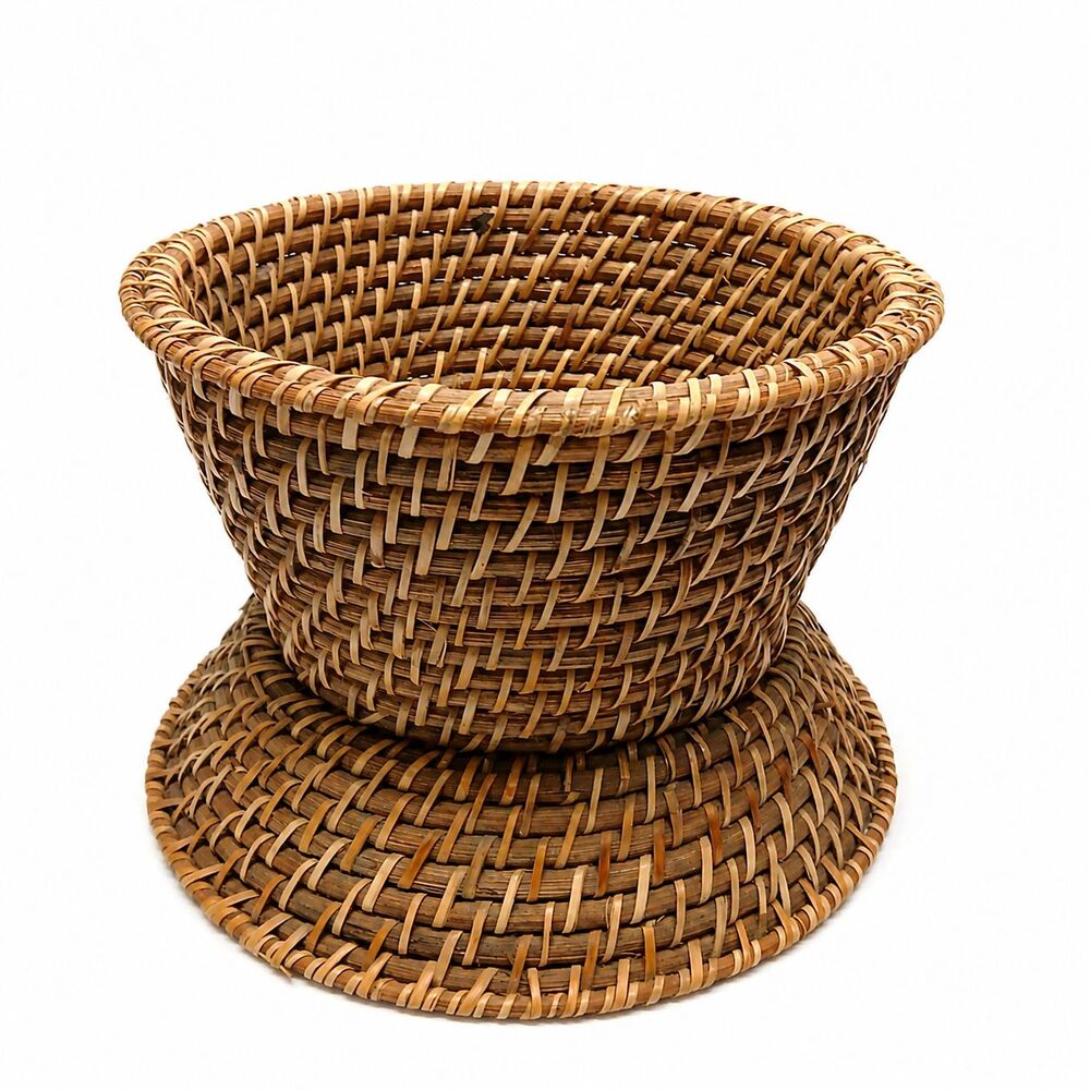 Woven Pedestal Basket Footed Centerpiece Fruit Bowl Wicker Bamboo Plant Stand